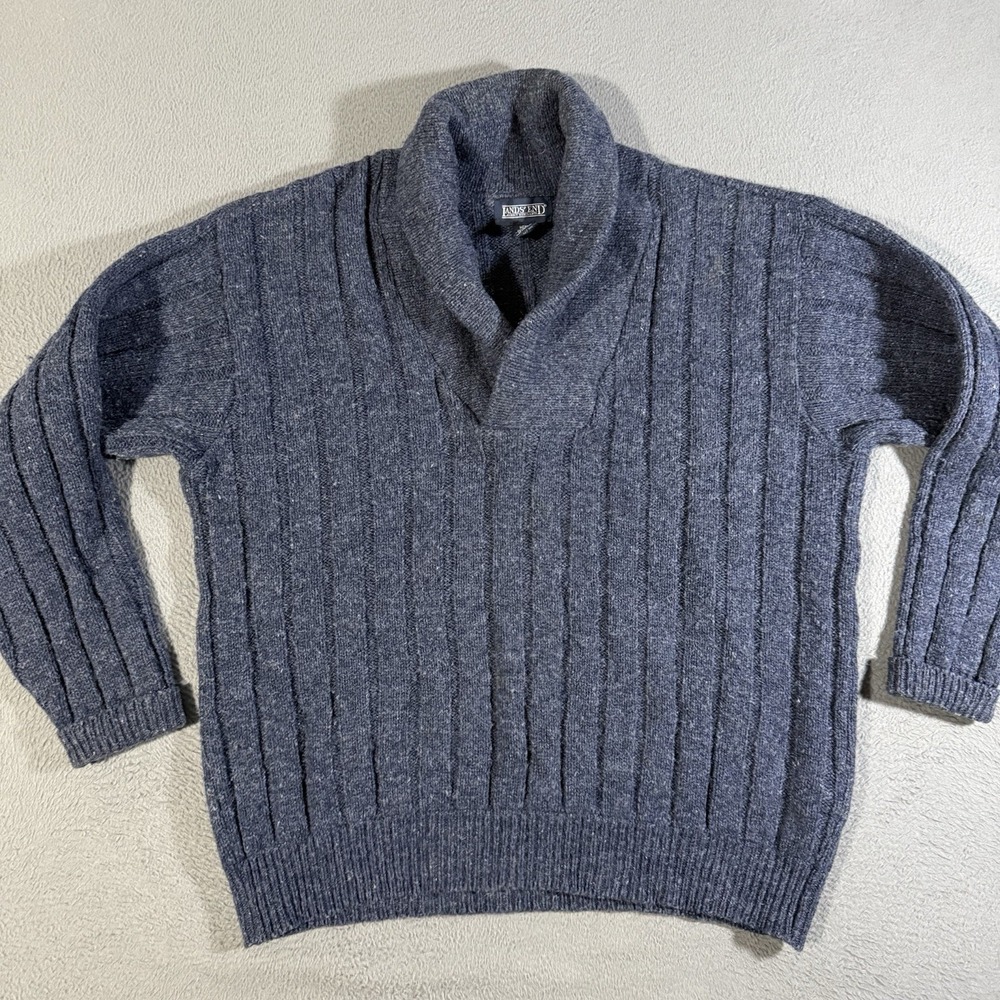 VTG Lands End Shawl Sweater Men Large Blue Wool Fisherman Pullover‎ Ribbed Knit